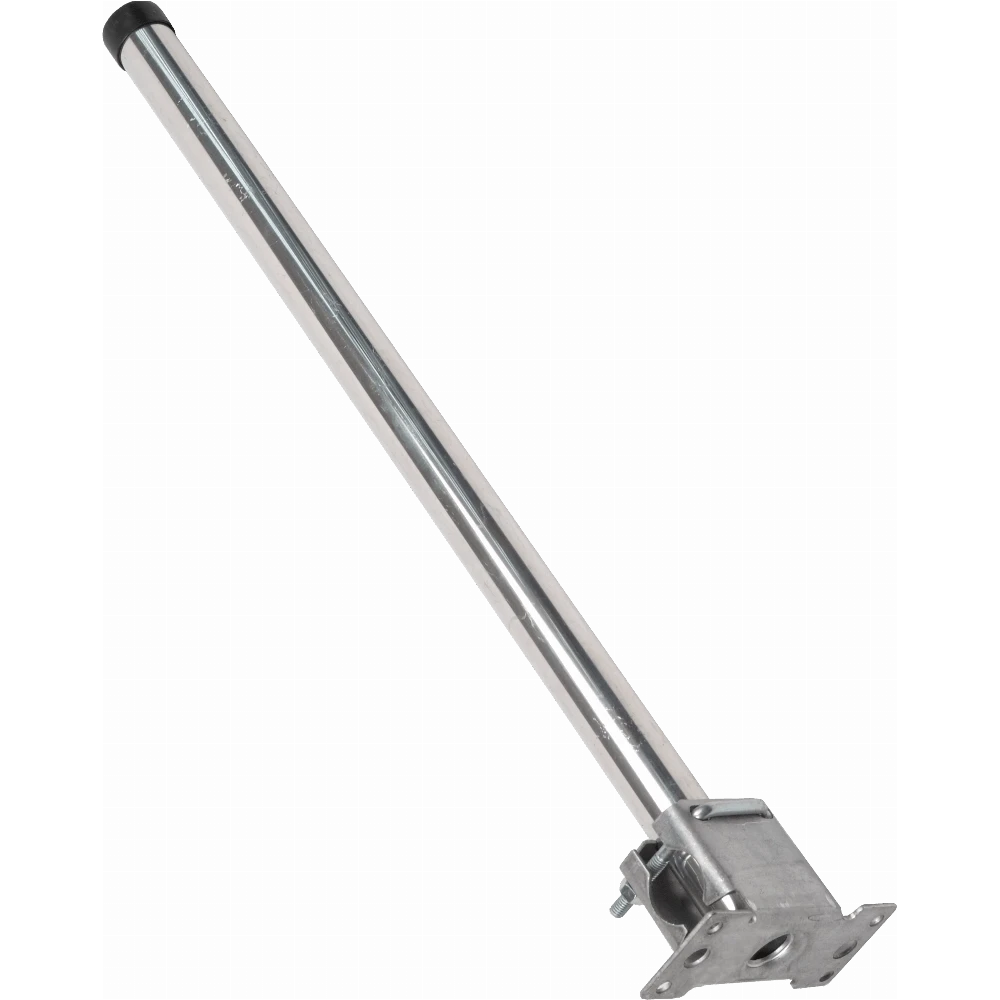 A long, polished metal pole or rod with a square mounting bracket on one end and a small black cap at the other, shown on a plain white background.