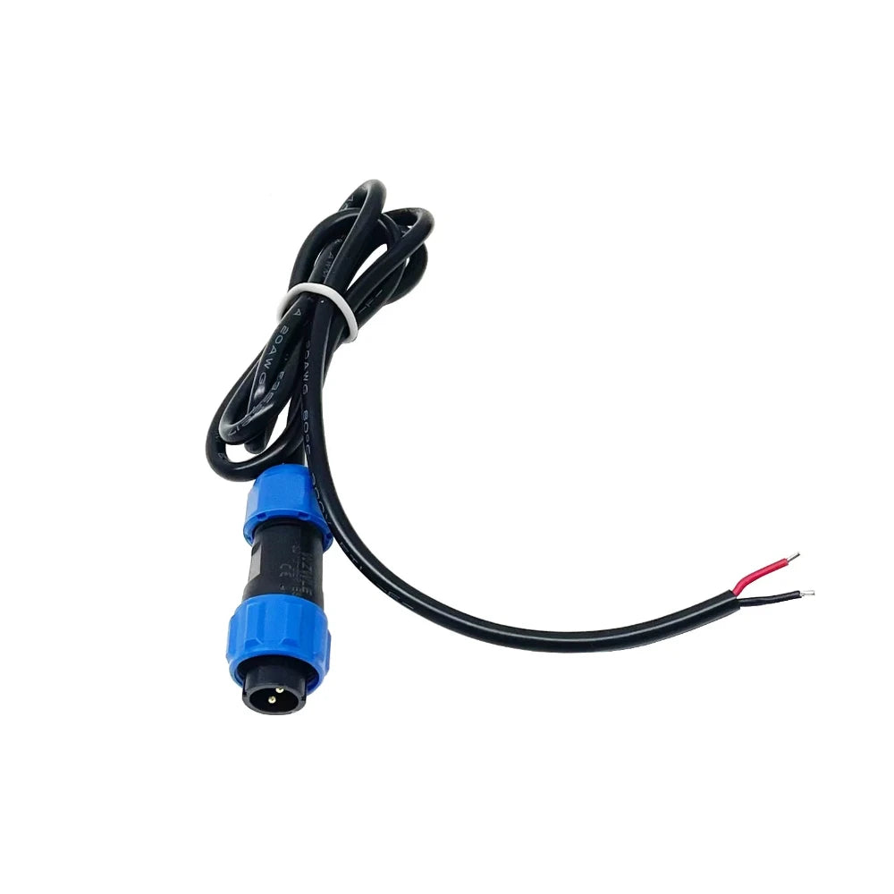 Black cable with blue connector on a white background