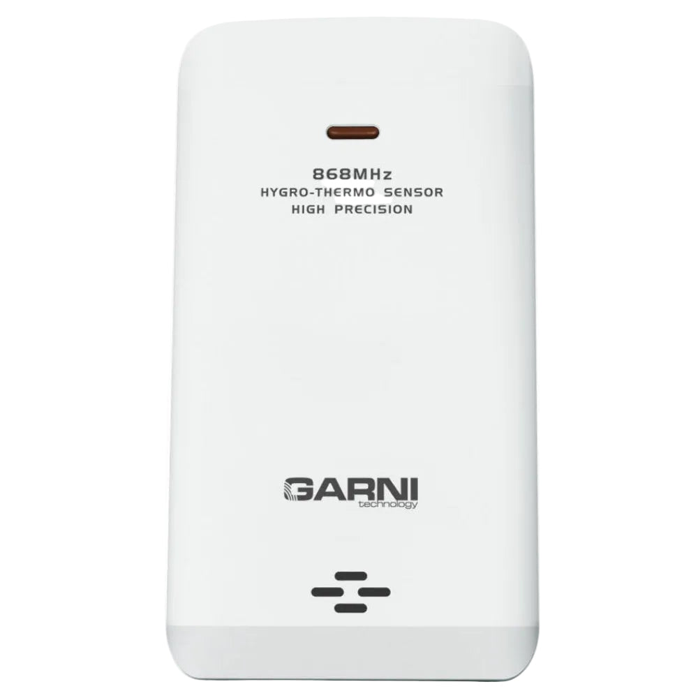 A white GARNI hydro-thermo sensor module for high-precision geothermal systems, featuring black printed text and a small orange indicator light on a clean white background.