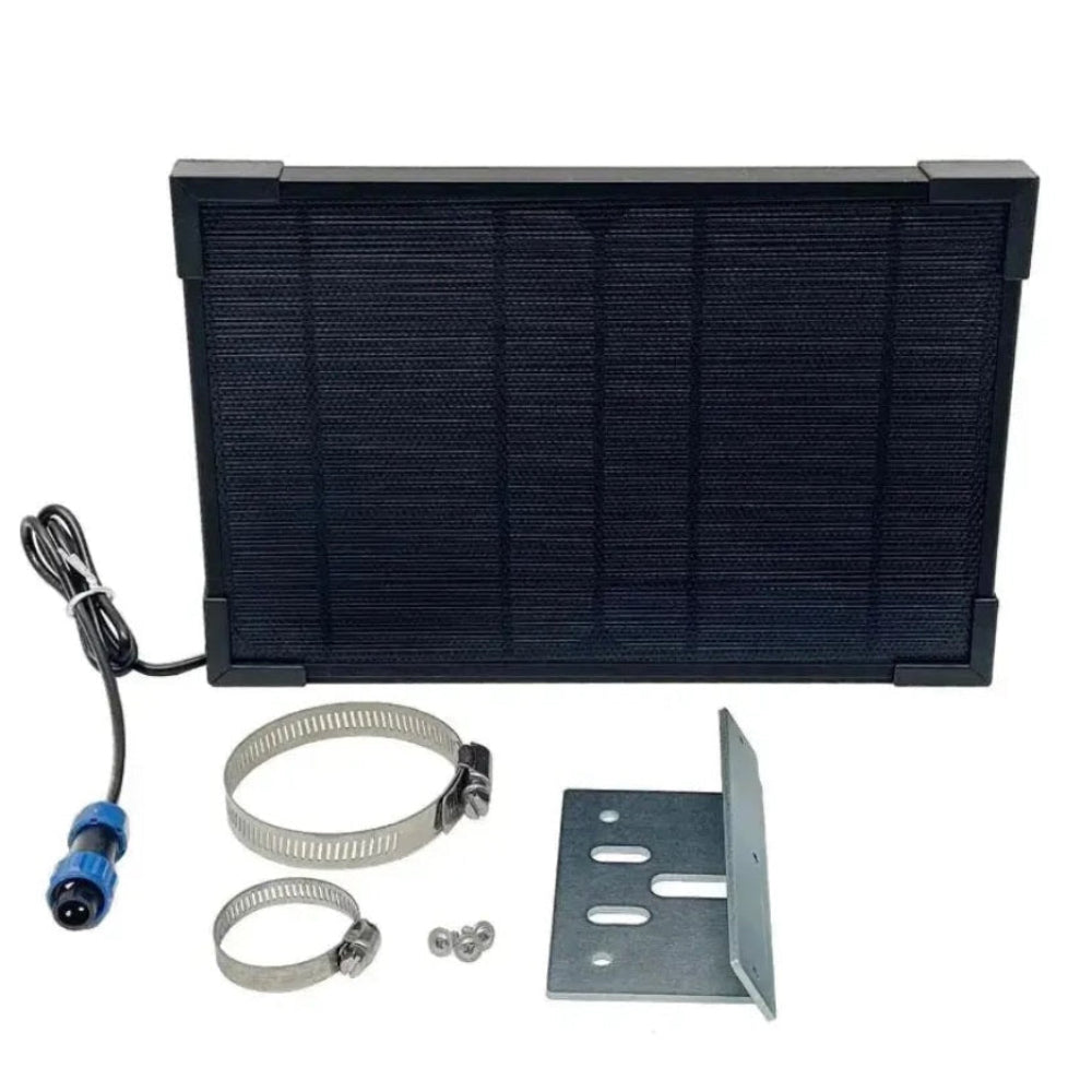 Solar panel kit with mounting bracket, straps, and cable on a white background