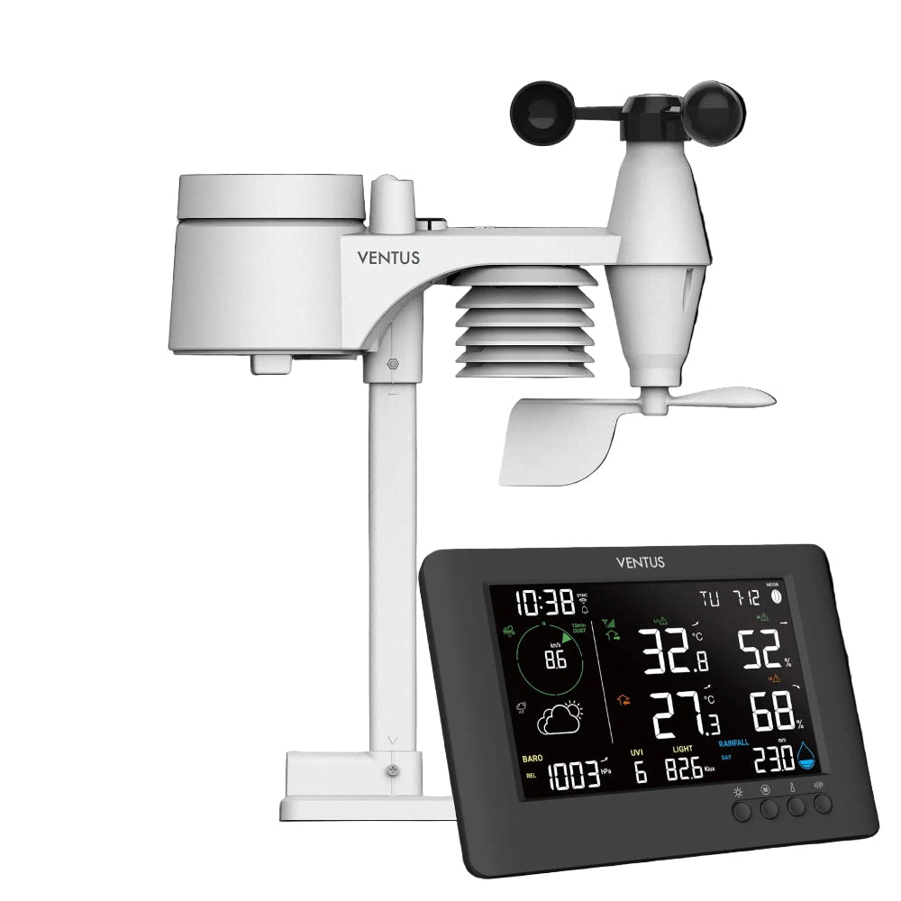 Ventus W815 weather station with digital display on a black background