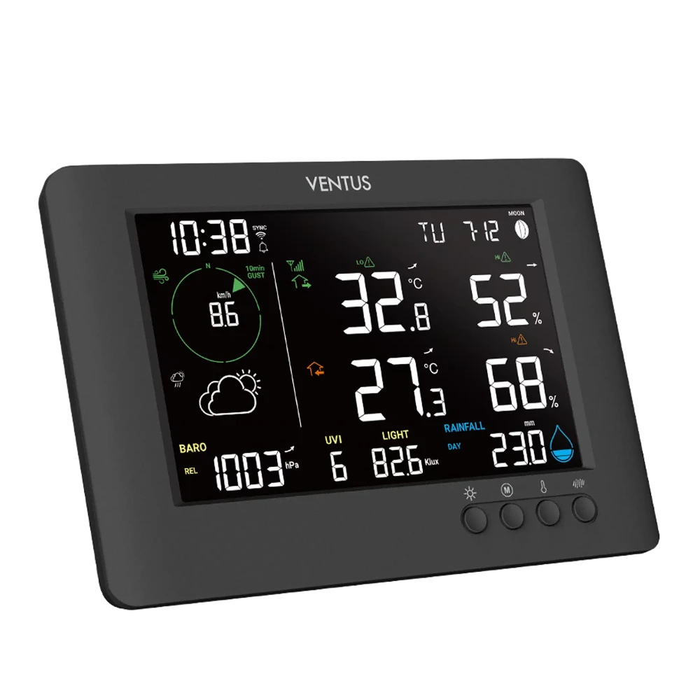 Ventus digital weather station with multiple display elements on a white background