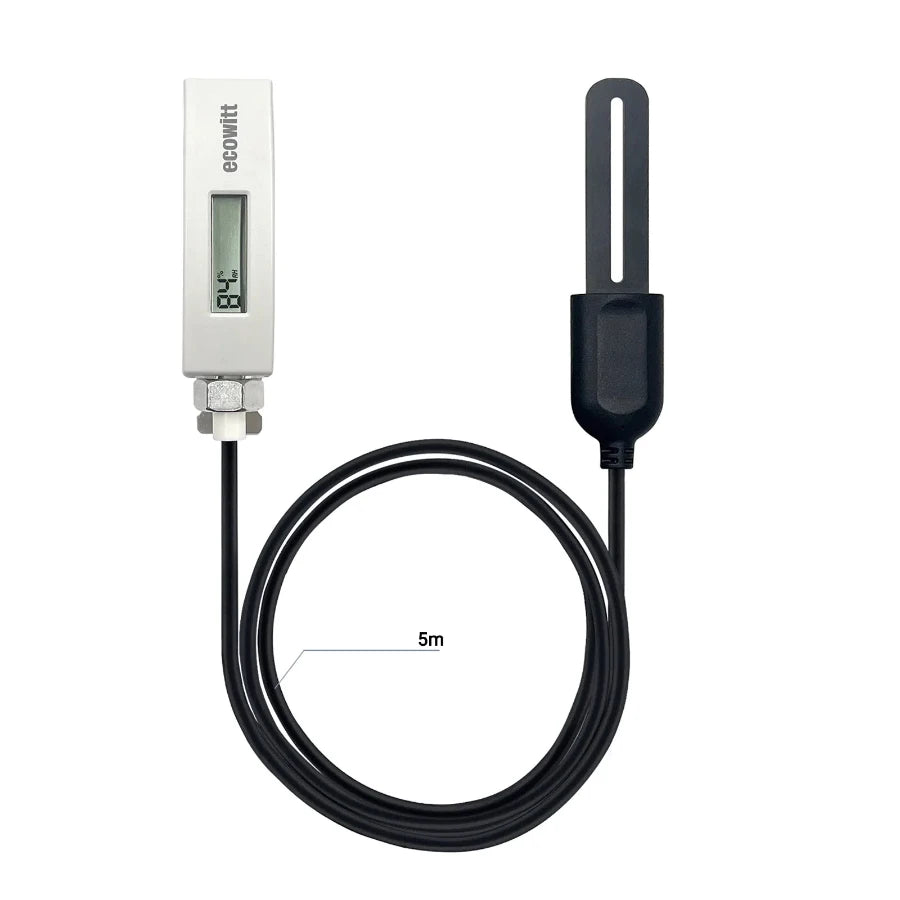 Digital moisture sensor with black probe and cable on a white background
