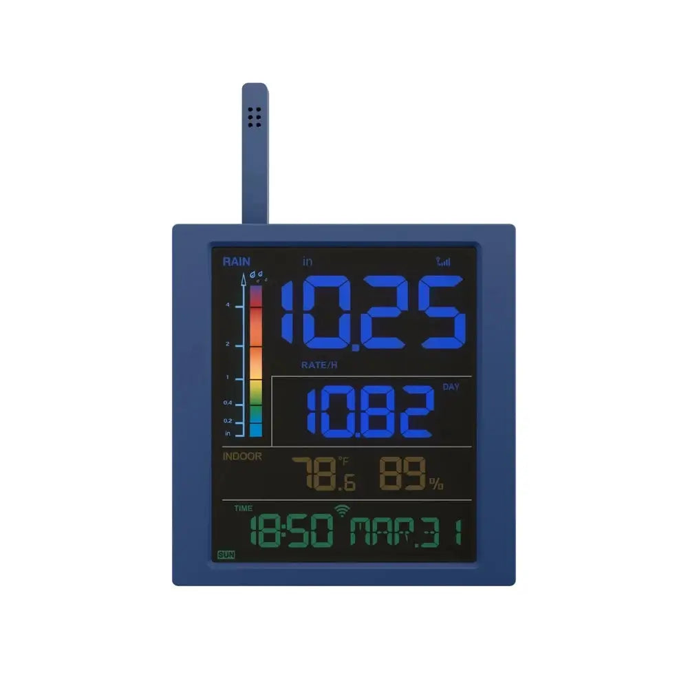 Blue digital weather station with temperature and humidity display on a white background