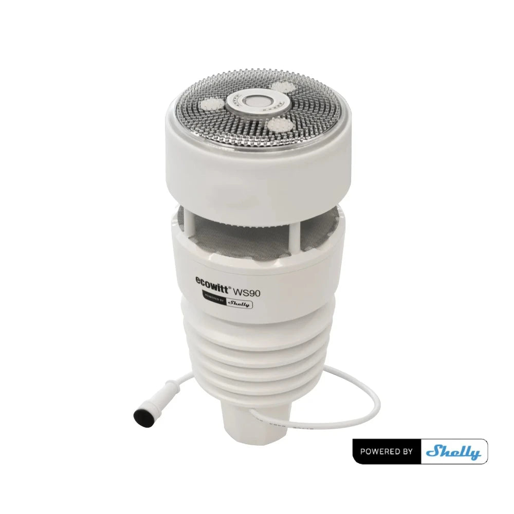 White weather station sensor with 'ecowitt' branding on a white background