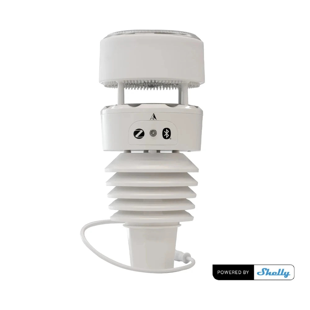 White weather station sensor with Shelly branding on a white background