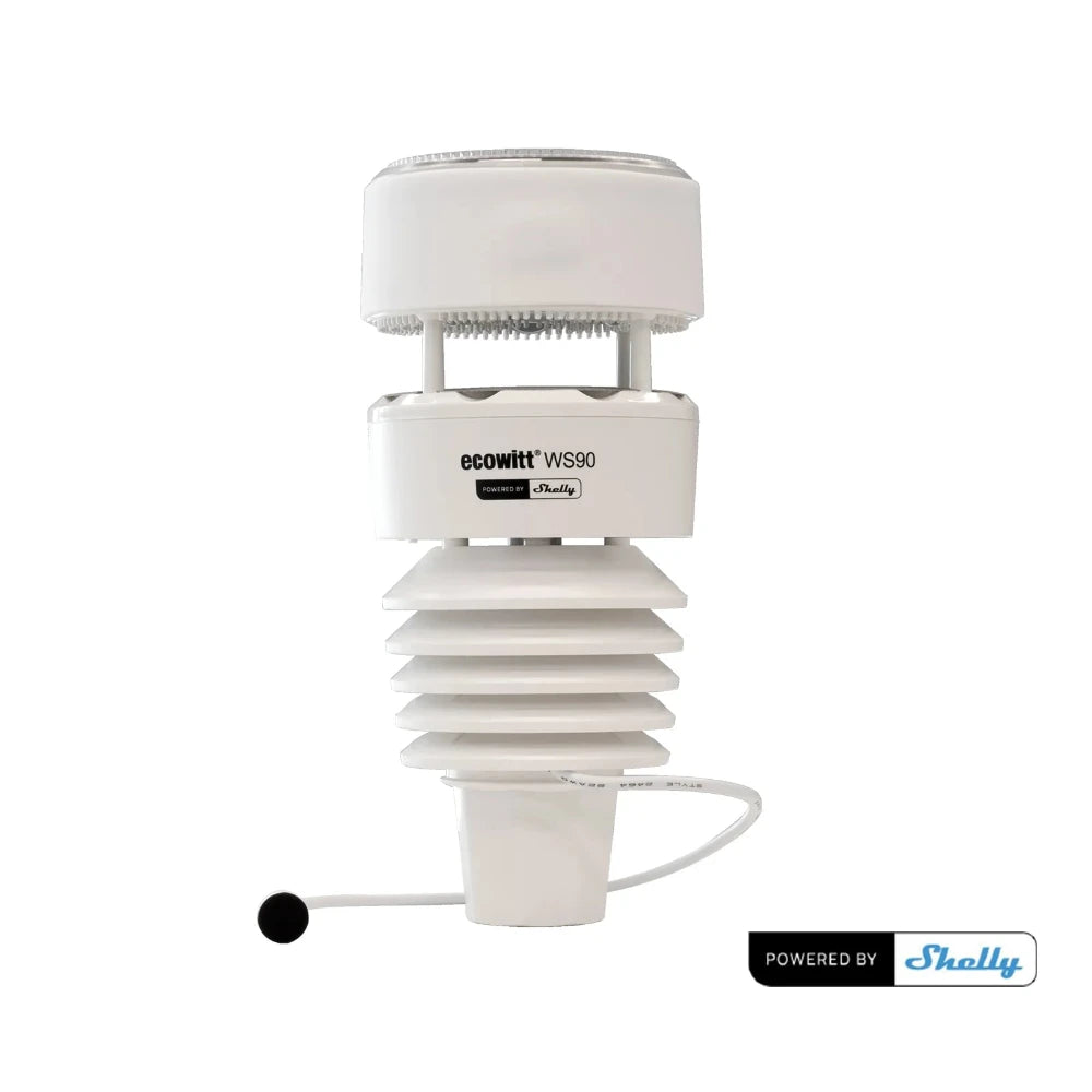 White weather station sensor with 'ecowitt' branding on a white background